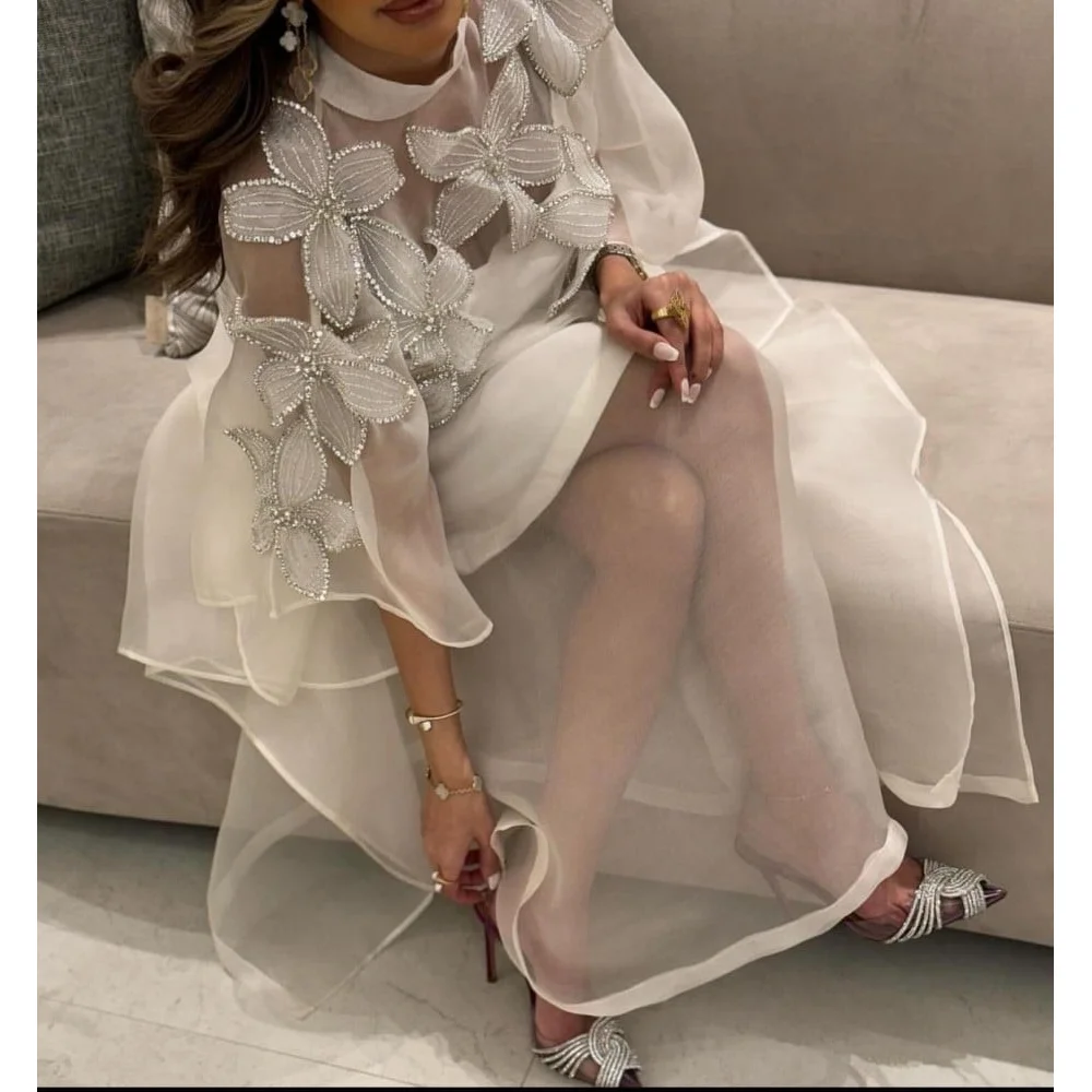 Customized Elegant High Neck Long Sleeves Prom Dresses Pleated Flowers Beadings Party Dresses Ankle Length Evening Dresses