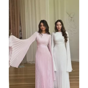 kf-S99e5f7536e794ebfb4f23faa4727e402C Customized O-Neck Pleated Floor Length Prom Dresses Pleated Long Sleeves Party Dresses Formal Occasion Evening Dresses