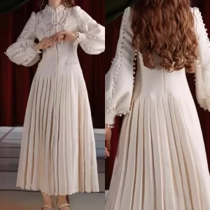 kf-S9fd60b28eab24e69a2722b458a48b792W Customized Elegant High Neck Long Sleeves Evening Dresses Button A-line Party Dresses Ankle-Length Dresses Gala for Special Ocn
