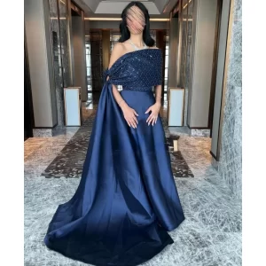 Navy Evening Dress Customized Satin Pleat A-line Prom Dresses Saudi Arabian Off The Shouldrer Arab Dubai Party Gown