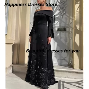 kf-Scca9580c3e1d452f9e9433bca1fe8f72U Black Evening Dress Customized Off Shoulder Long Sleeves Applique Floor Length A Line Prom Gown Jersey Saudi Arab Party Dress