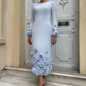 kf-Se9cf1ffe32d04f4d8610c81774f29a83n Customized Long Sleeves Evening Dresses Pleat Flower Straight O-Neck Midi Dresses Sizes Available Cocktail Dresses Unisex